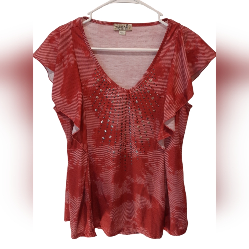 One World Red Flutter Sleeve Blouse size Small